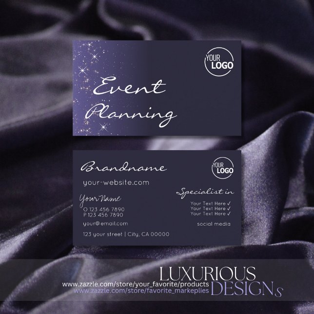 Chic Dark Blue Sparkling Glitter Stars with Logo Business Card (Creator Uploaded)
