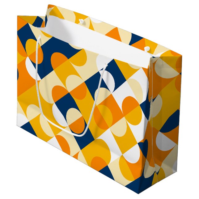 Chic Dark Blue Sunny Yellow Circles Art Pattern Large Gift Bag (Front Angled)