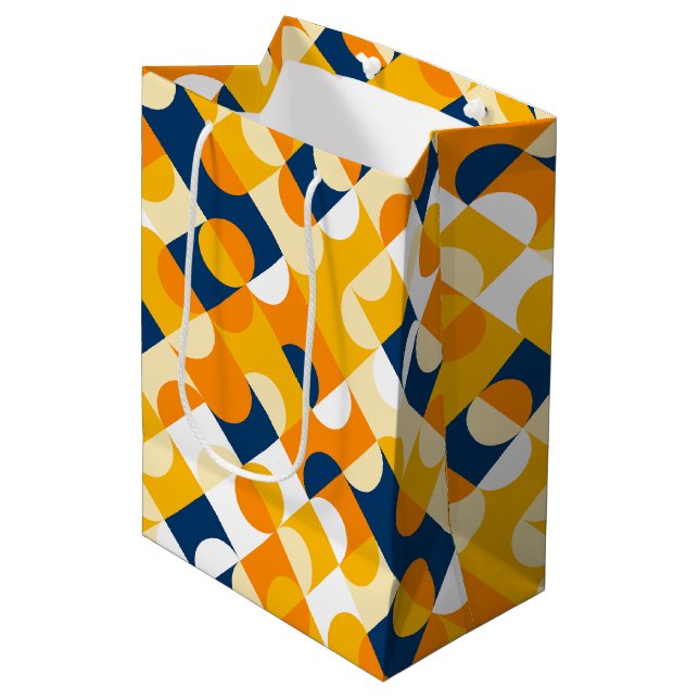 Chic Dark Blue Sunny Yellow Circles Art Pattern Medium Gift Bag (Front Angled)