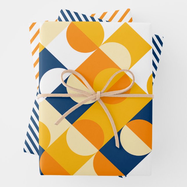 Chic Dark Blue Sunny Yellow Circles Art Pattern Wrapping Paper Sheets (In situ)