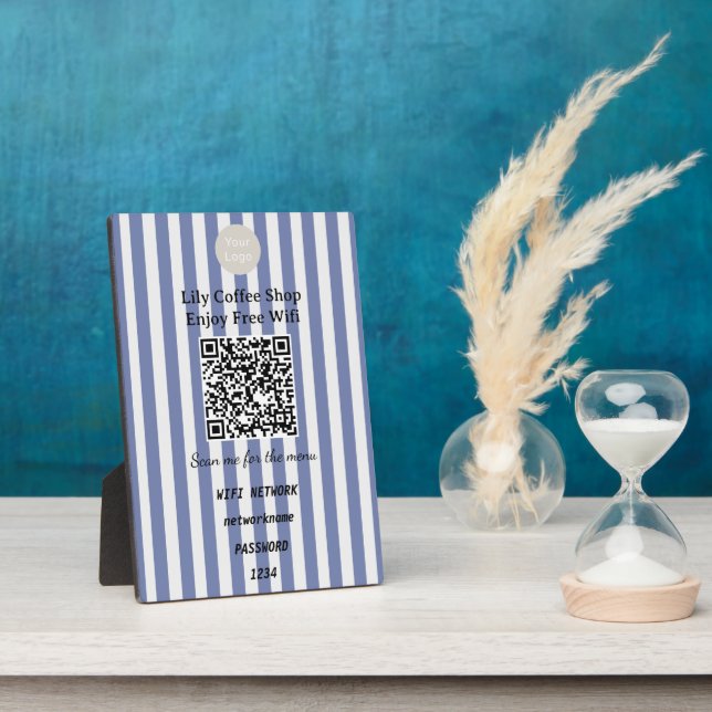 Chic Dark Blue & White Stripes QR Code Wifi Plaque (Side)
