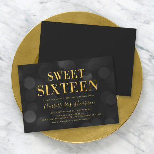 Chic Dark Bokeh Lights Gold Sweet Sixteen Birthday Invitation