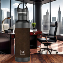 Chic Dark Brown Faux Leather Water Bottle