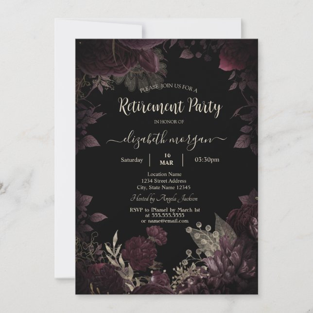 Chic Dark Burgundy Flowers Frame Retirement   Invitation (Front)