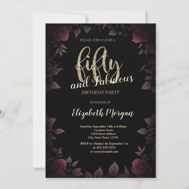 Chic Dark Burgundy Roses Black 50th Birthday Invitation (Front)