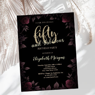 Chic Dark Burgundy Roses Black 50th Birthday Invitation