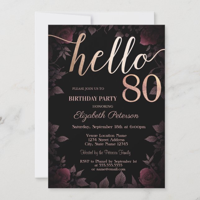 Chic Dark Burgundy Roses Black 80th Birthday Invitation (Front)