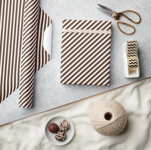 Chic Dark Coffee Brown White Stripes Pattern Wrapping Paper