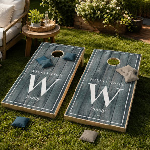 Chic Dark Driftwood Family Monogram Lake House Cornhole Set