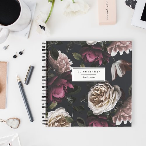 Chic Dark Floral on Black  Personalized Notebook
