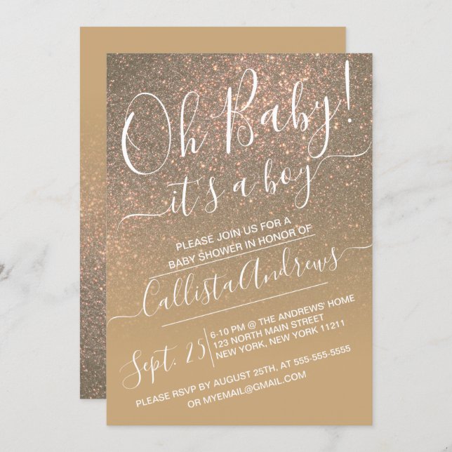 Chic Dark Gold Sparkly Glitter Ombre Baby Shower Invitation (Front/Back)