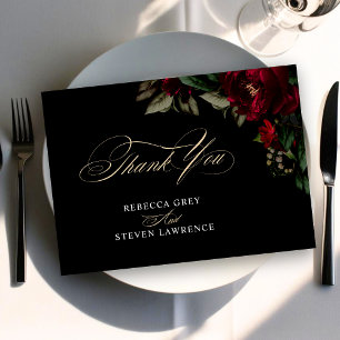 Chic dark gothic green red floral moody wedding thank you card