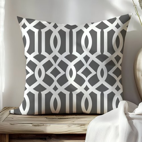 Chic Dark Gray And White Moroccan Trellis Pattern Throw Pillow