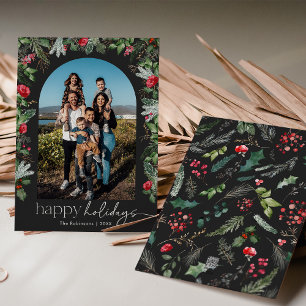 Chic Dark Gray Botanical Floral Arch 1 Photo Holiday Card