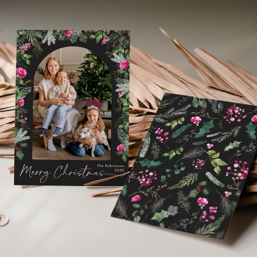 Chic Dark Gray  Bright Pink Greenery Arch 1 Photo Holiday Card