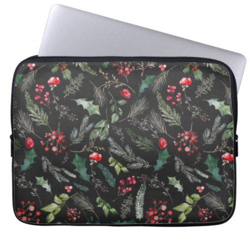 Chic Dark Gray Christmas Botanical Foliage Pattern Laptop Sleeve