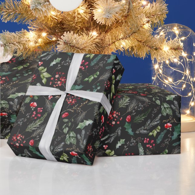 Chic Dark Gray Christmas Botanical Greenery Wrapping Paper (Holidays)