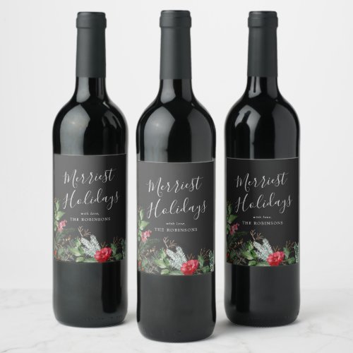 Chic Dark Gray Christmas Winter Botanical Greenery Wine Label