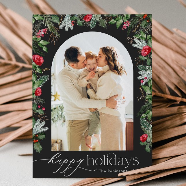 Chic Dark Gray Modern Botanical Arch 1 Photo Holiday Card (Creator Uploaded)