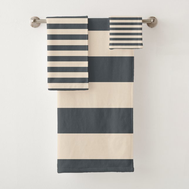 Chic Dark Gray Off-White Striped pattern Bath Towel Set (Insitu)
