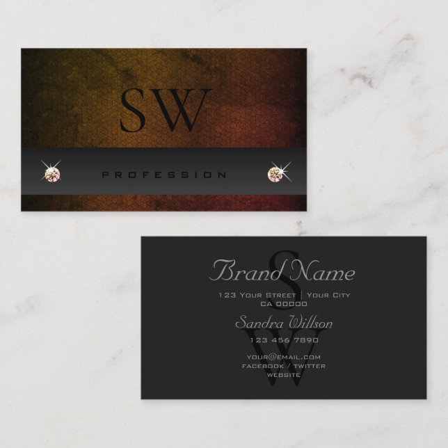 Chic Dark Gray Orange Gradient Snake with Monogram Business Card (Front/Back)
