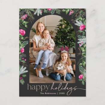 Chic Dark Gray Pink Greenery Arch 1 Photo Holiday Postcard by PeachBloome at Zazzle