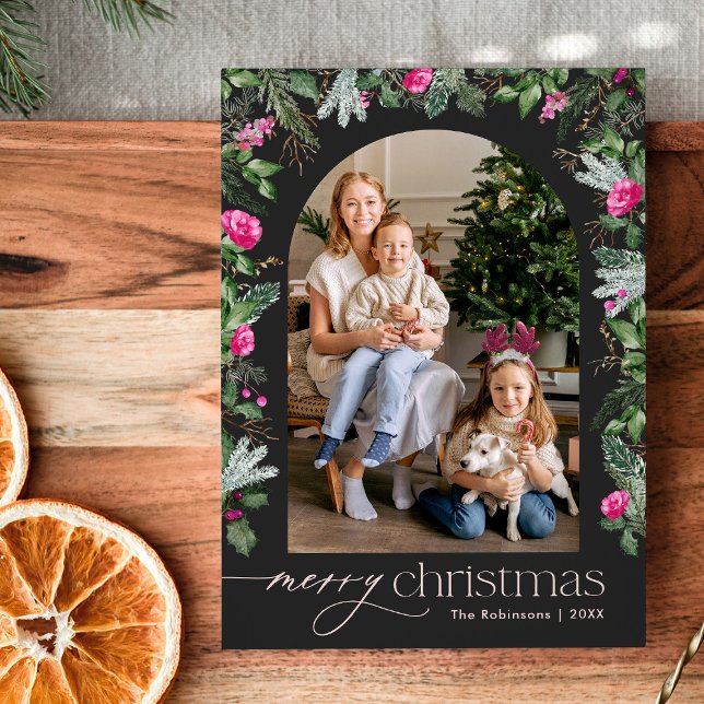 Chic Dark Gray Pink Greenery Arch Christmas Photo Holiday Card (Creator Uploaded)