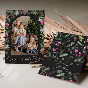 Chic Dark Gray Pink Greenery Arch Photo Christmas Holiday Card