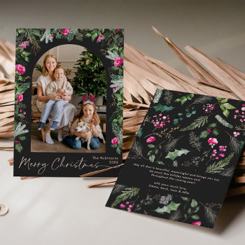 Chic Dark Gray Pink Greenery Arch Photo Christmas Holiday Card by PeachBloome at Zazzle