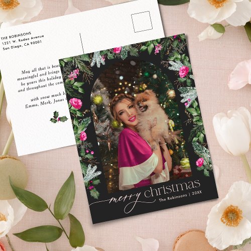 Chic Dark Gray Pink Greenery Arch Photo Christmas Postcard