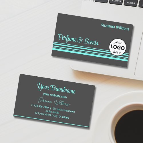 Chic Dark Gray Teal Stripes with Logo Professional Business Card