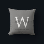 Chic Dark Gray White Monogram Wedding Keepsake Throw Pillow<br><div class="desc">Elegant wedding keepsake pillow with your text in off-black handwritten chic script calligraphy on a dark gray background. Simply add your names, monogram and wedding date. Great gift for a newlywed couple. Exclusively designed for you by Happy Dolphin Studio. If you need any help or matching products, please contact us...</div>