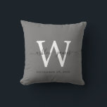 Chic Dark Gray White Monogram Wedding Keepsake Throw Pillow<br><div class="desc">Elegant wedding keepsake pillow with your text in off-black handwritten chic script calligraphy on a dark gray background. Simply add your names, monogram and wedding date. Great gift for a newlywed couple. Exclusively designed for you by Happy Dolphin Studio. If you need any help or matching products, please contact us...</div>