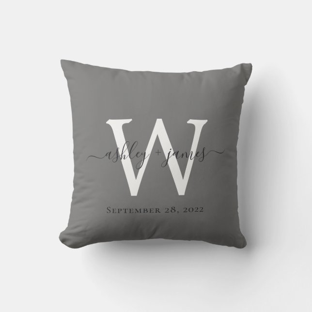 Chic Dark Gray White Monogram Wedding Keepsake Throw Pillow (Front)
