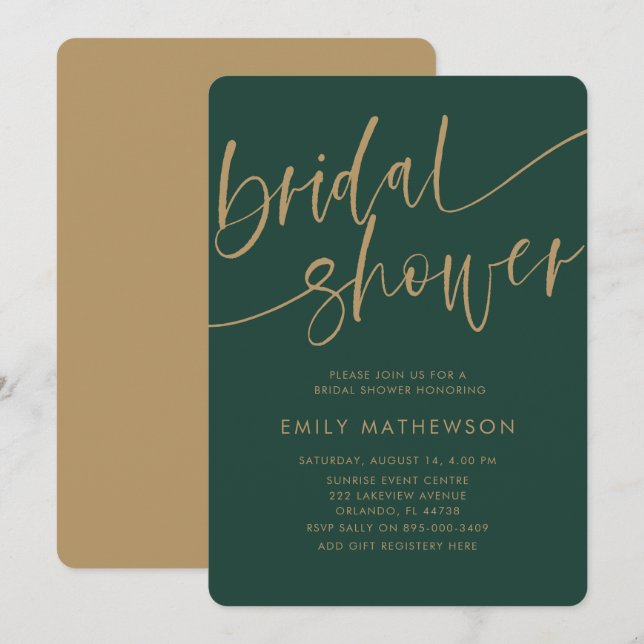 Chic Dark Green Faux Gold Typography Bridal Shower Invitation (Front/Back)