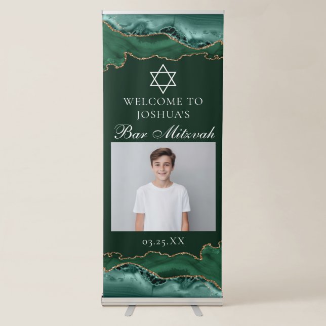 Chic Dark Green Gold Bar Mitzvah Party Photo Retractable Banner (Front)