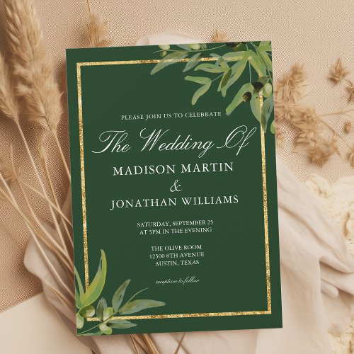 Chic Dark Green Gold Botanical Vine Autumn Wedding Invitation