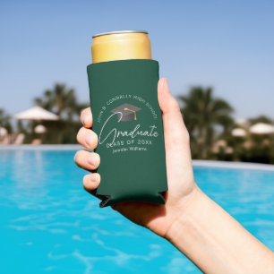Chic Dark Green Graduate Custom Graduation Party Seltzer Can Cooler