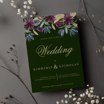 Chic Dark Green Navy Blue Gold Floral Wedding Invitation by kicksdesign at Zazzle