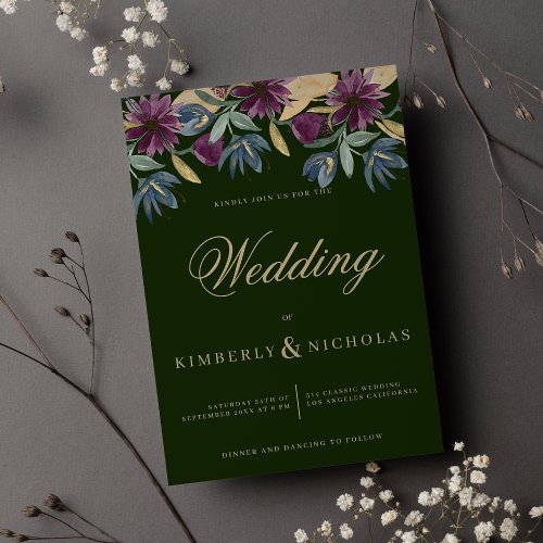 Chic dark green navy blue gold floral wedding invitation