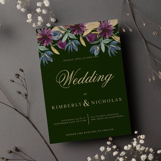 Chic dark green navy blue gold floral wedding invitation (Chic dark green navy blue gold floral wedding)