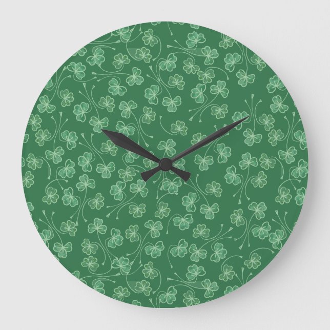 Chic Dark Green Shamrocks Ditsy Pattern Wall Clock (Front)