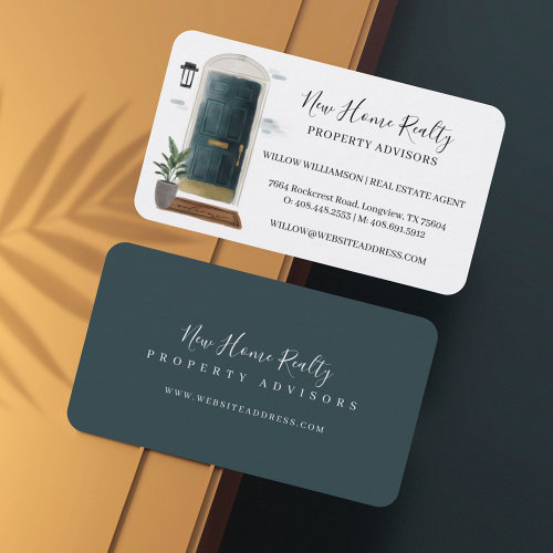 Chic Dark Green Watercolor Front Door Entranceway Business Card