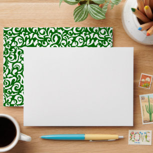 Chic Dark Green White Damask Floral Art Pattern Envelope