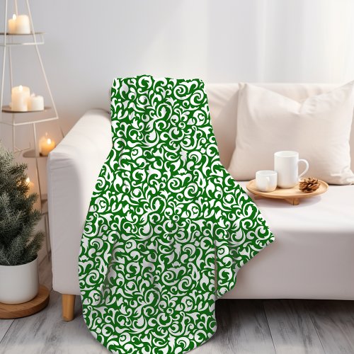 Chic Dark Green White Damask Floral Art Pattern Fleece Blanket
