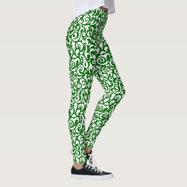 Chic Dark Green White Damask Floral Art Pattern Leggings (Right)