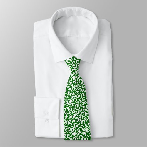 Chic Dark Green White Damask Floral Art Pattern Neck Tie