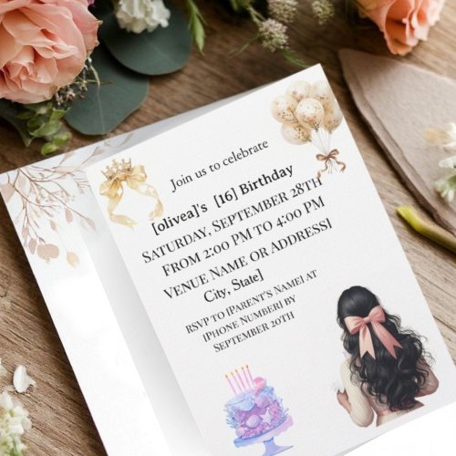 Chic Dark Hair Girl Sweet 16 Birthday Party Invita