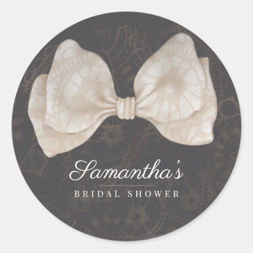 Chic Dark Lace Bow Bridal Shower Classic Round Sticker