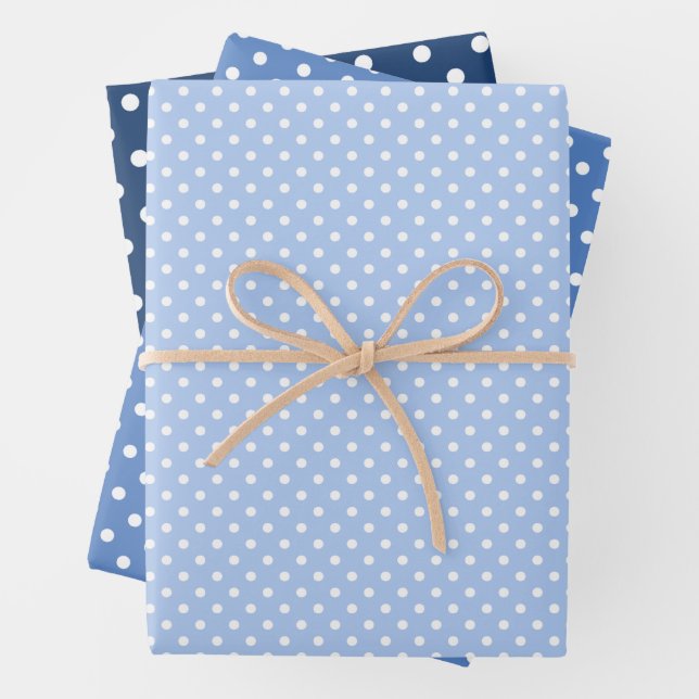 Chic Dark Light Blue White Polka Dots Pattern Wrapping Paper Sheets (In situ)